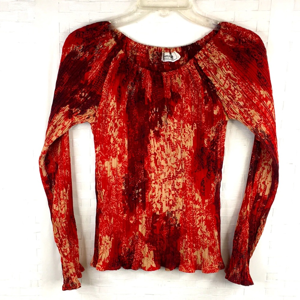 Borcellini Top M Crinkle Boho Red Tan Stretchy H1